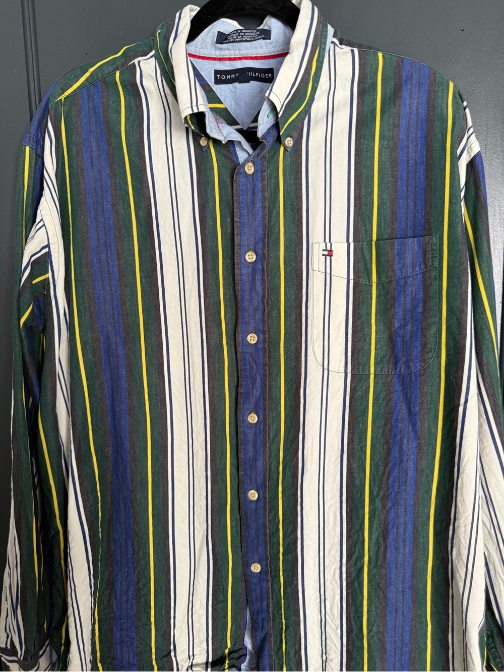 Vintage Tommy Hilfiger Men's Blue & Green Striped Button-Down Shirt